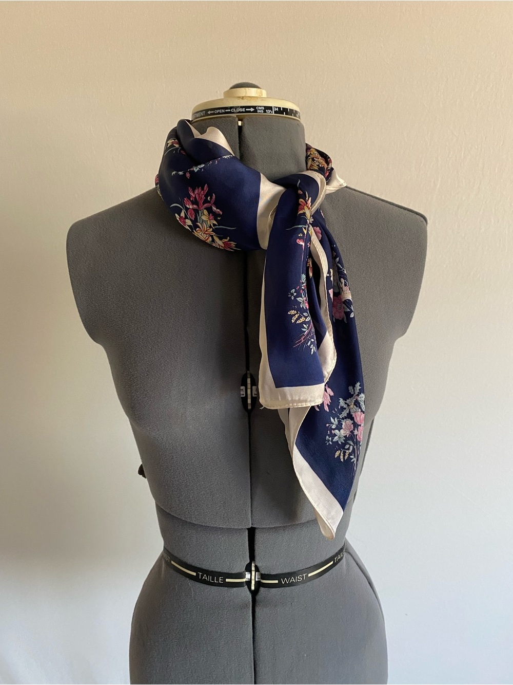 Navy Floral Silk-Feel Scarf with Ivory Border